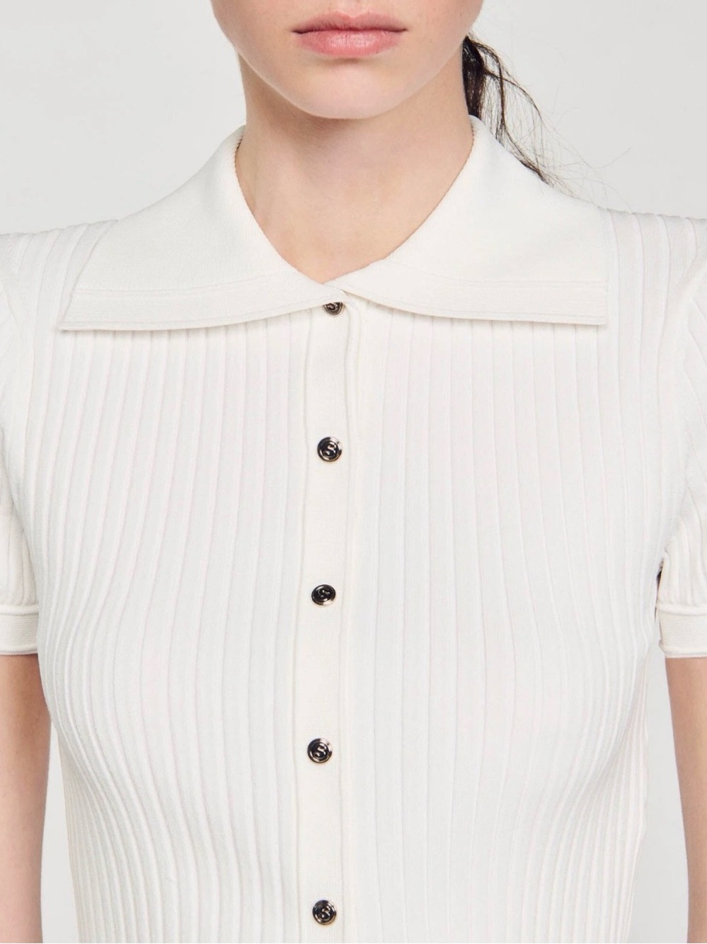 Sandro Cream Ribbed Short-Sleeve Button Polo